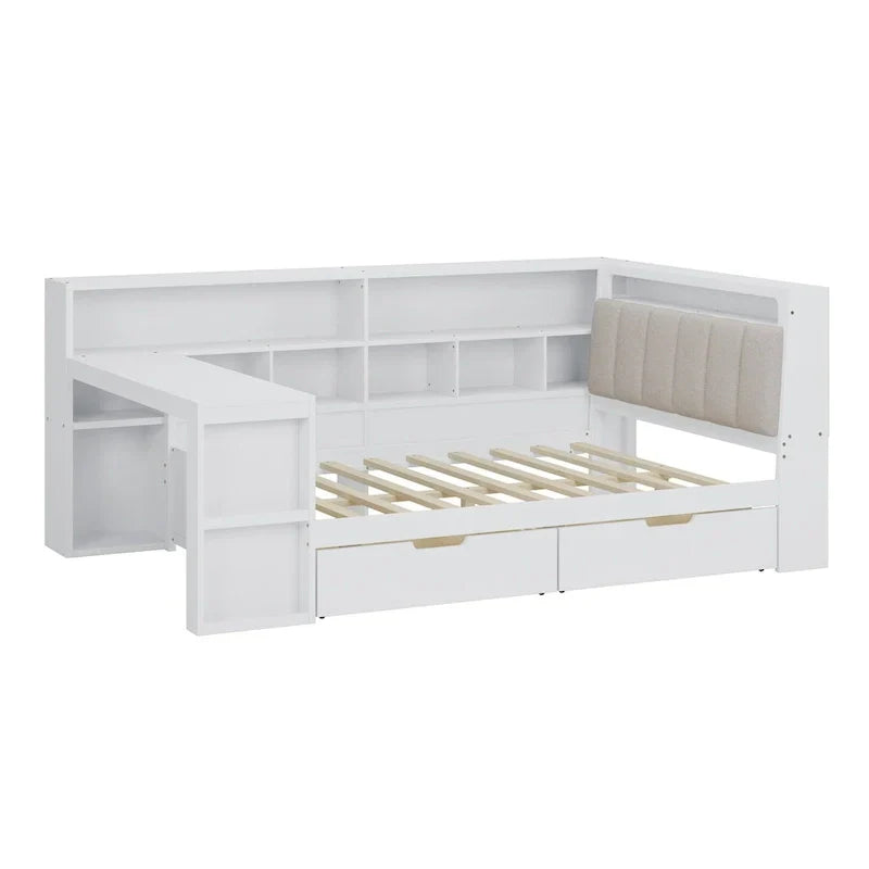 Divano Letto a "L" in Legno con Scrivania, Mobile Libreria, Letto Angolare con Cassetti Sottostanti, Testiera Imbottita con Luce Integrata