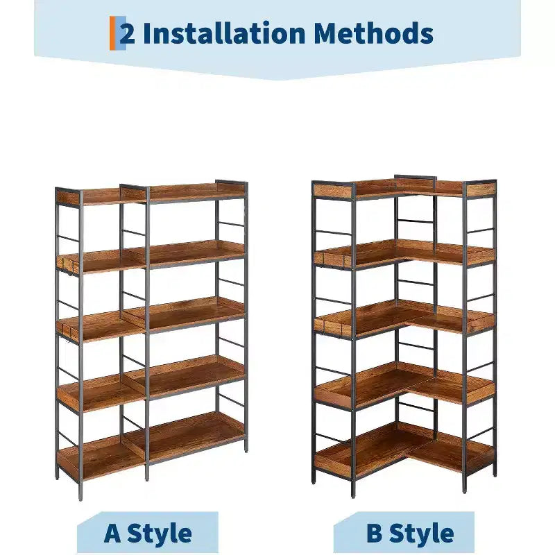 Scaffale angolare a 5 ripiani a forma di L, libreria industriale in legno e metallo da 65 pollici (marrone rustico), portaoggetti reversibile per soggiorno, camera da letto e ufficio