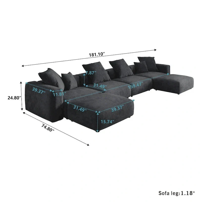Divano componibile modulare grande, rivestimento in velluto a coste, a U, a 4 posti, con 2 pouf e 5 cuscini