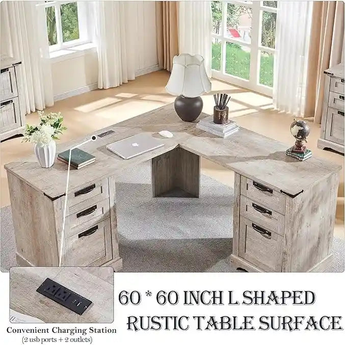 60 Scrivania Direzionale a L da Fattoria, Scrivania ad Angolo in Legno, Scrivania per Computer