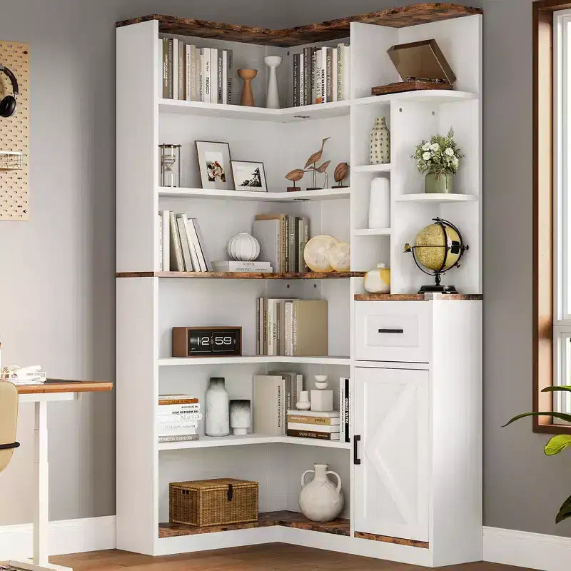 Libreria angolare, librerie angolari alte 74 pollici, libreria a forma di L a 6 livelli con ripiani aperti e cassetti portaoggetti per soggiorno o ufficio domestico