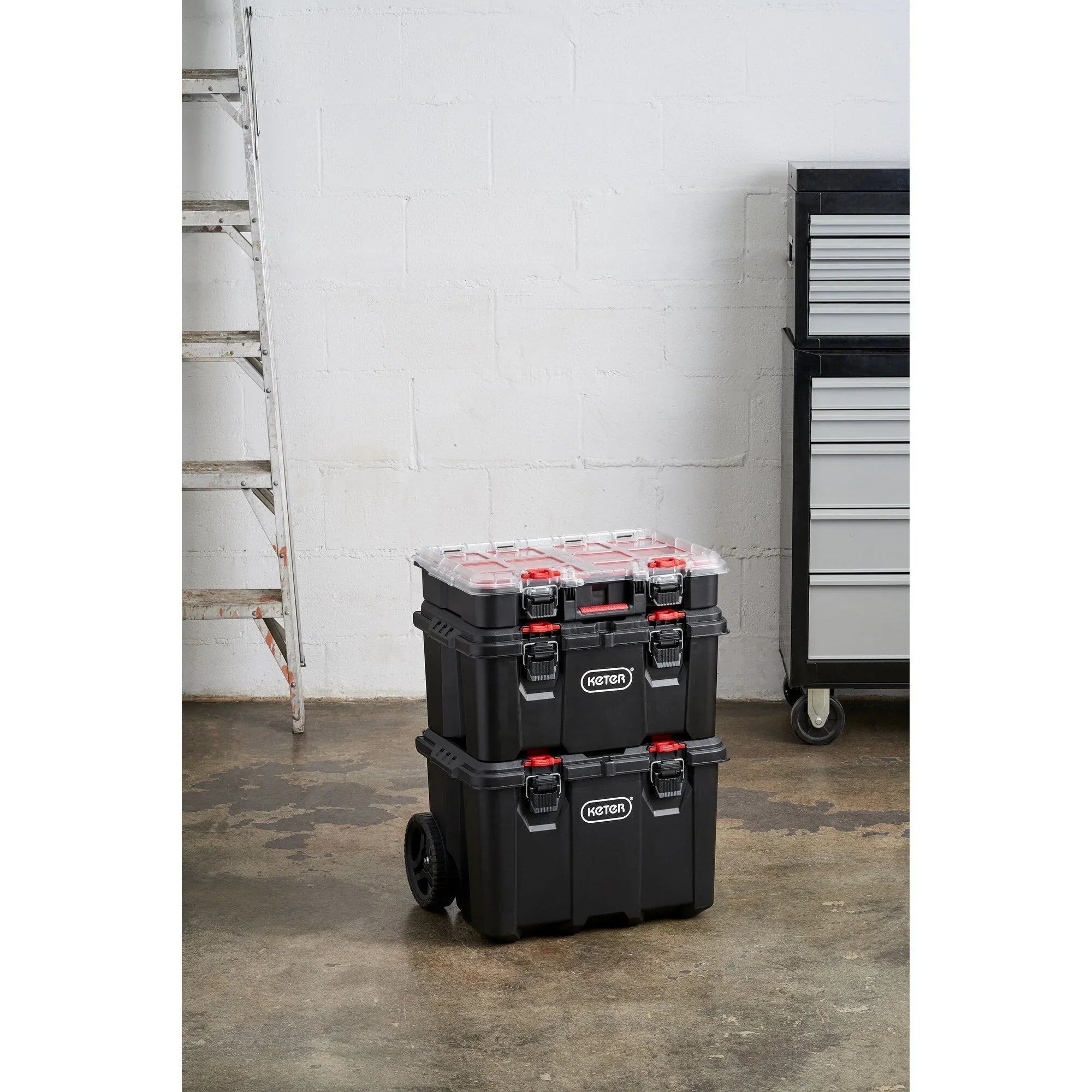 Keter Stack-n-Roll Set 3 pezzi per il trasporto e l'organizzazione degli utensili, sistema di valigette modulare in resina resistente