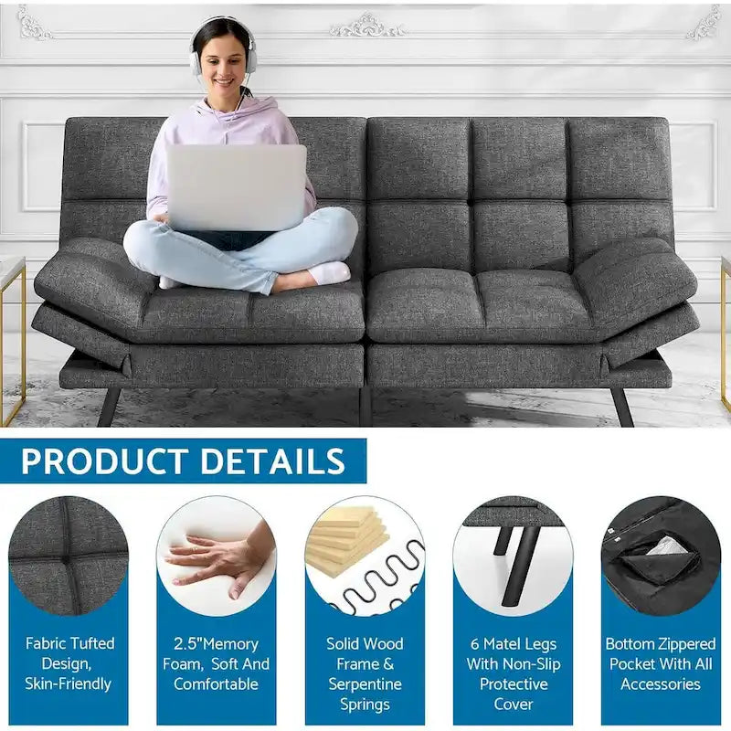 Divano Futon Letto in Memory Foam con Schienale Diviso Regolabile per Spazi Piccoli