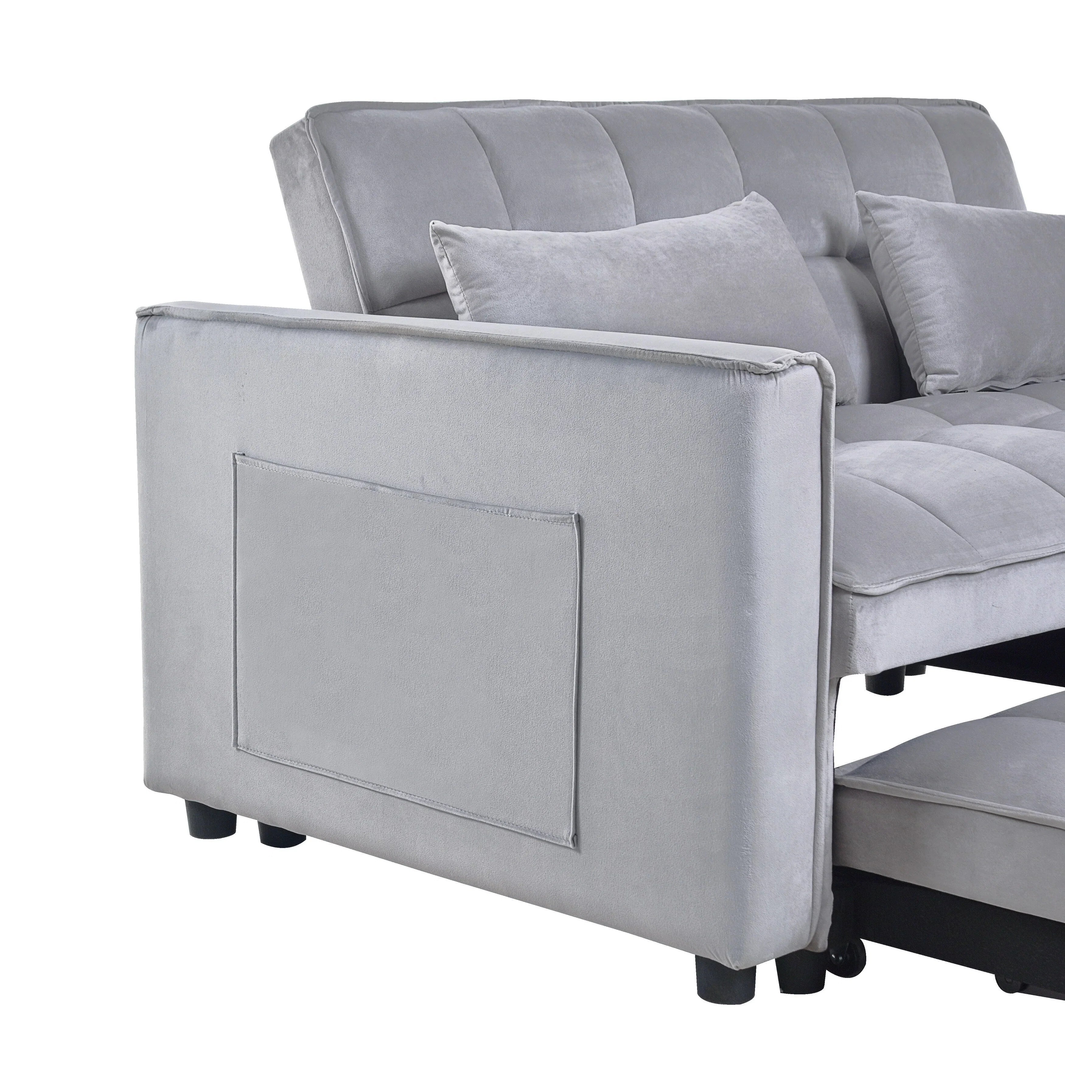 Moderno divano letto estraibile, divano letto 3-in-1 con schienale regolabile, divanetto in velluto, cuscini e tasche laterali