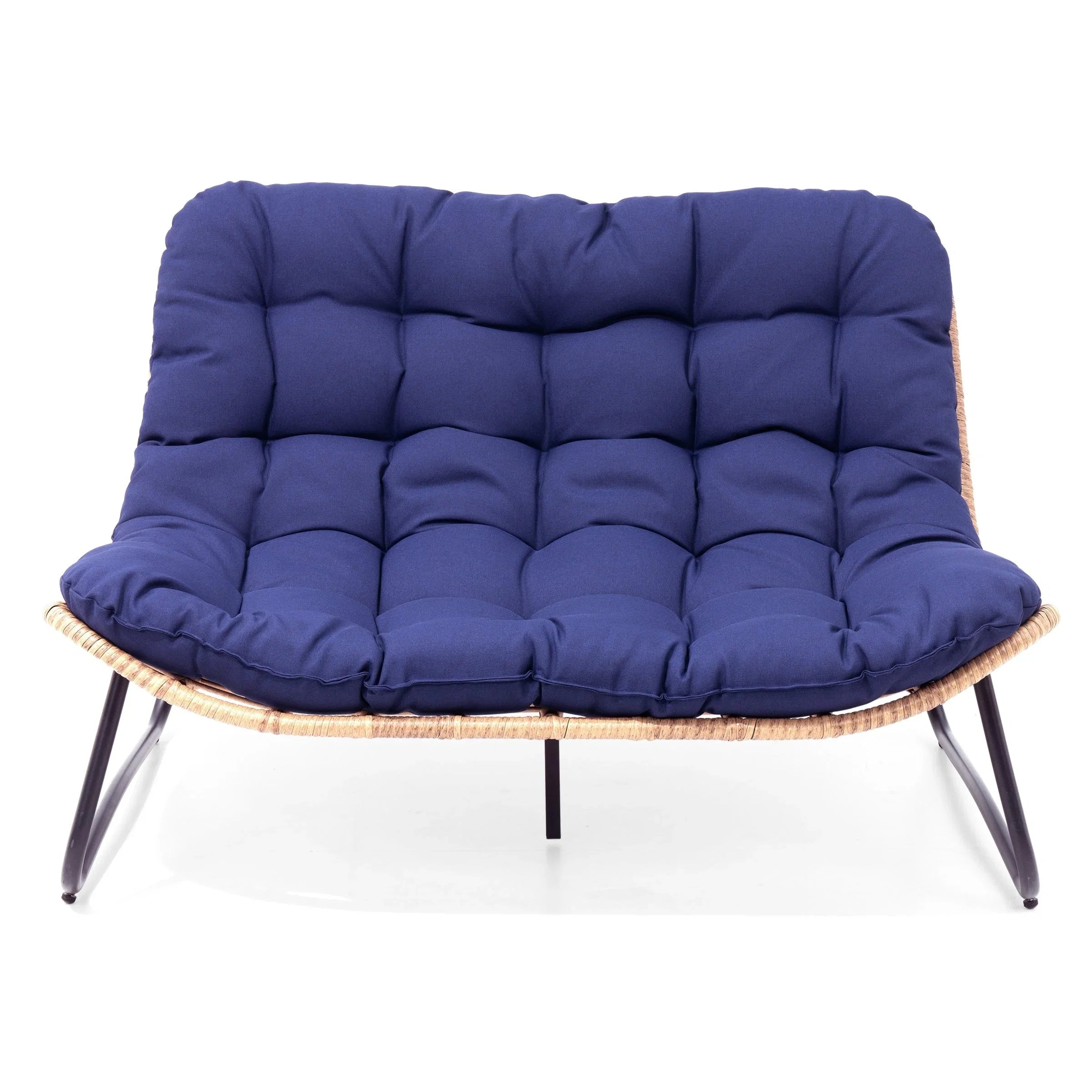 Causeuse double Papasan avec coussin, rotin PE tout temps et cadre en métal pour l'intérieur et l'extérieur