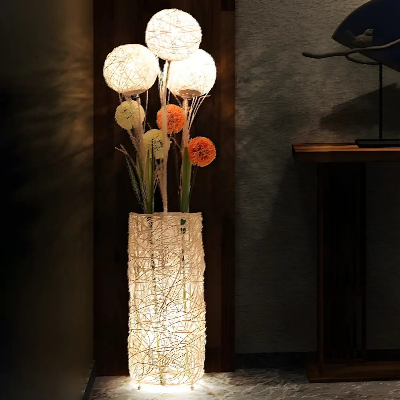 Lampada da terra in rattan LED a colonna con spina per soggiorno