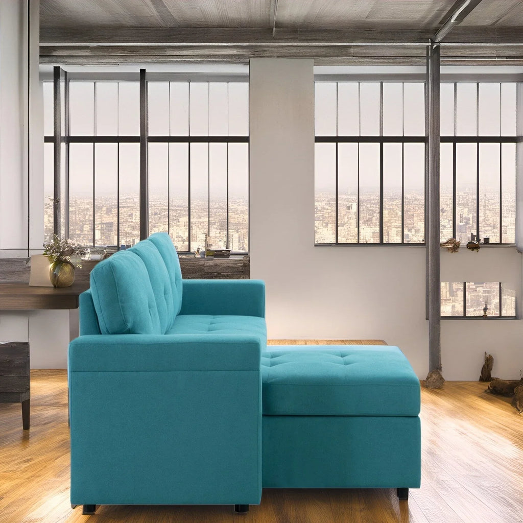 Divano componibile convertibile reversibile con letto estraibile, chaise longue con contenitore nascosto e gambe durevoli