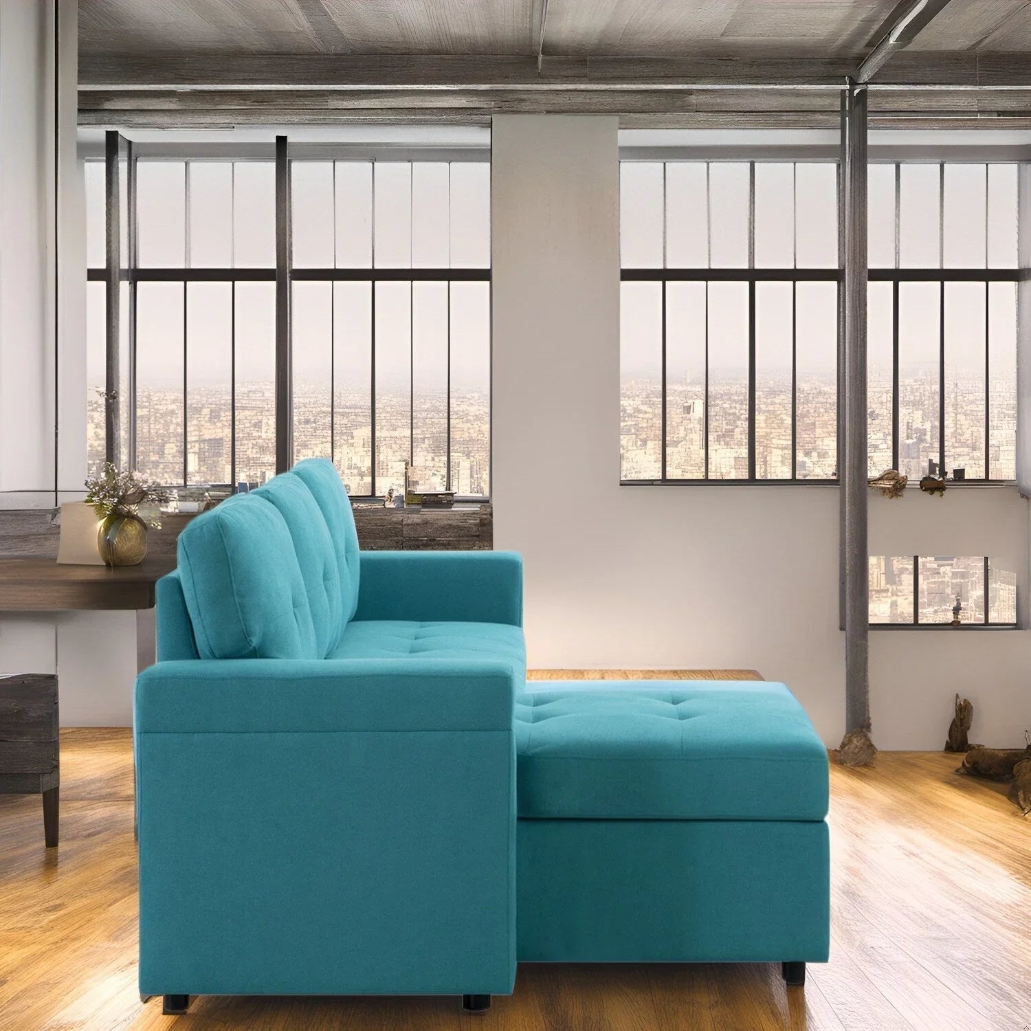 Divano componibile convertibile reversibile con letto estraibile, chaise longue con contenitore nascosto e gambe durevoli