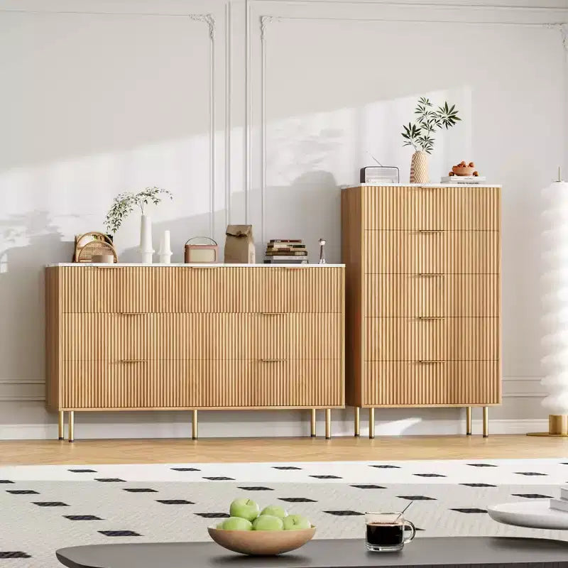 Commode 5 tiroirs Blanc / Marbre et Bois – Panneau cannelé, pour 1 personne