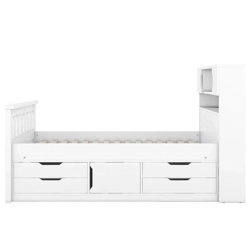 Letto a piattaforma Twin/Full Size Captain con 4 cassetti e mensole portaoggetti, struttura letto in legno massello con testiera libreria contenitore