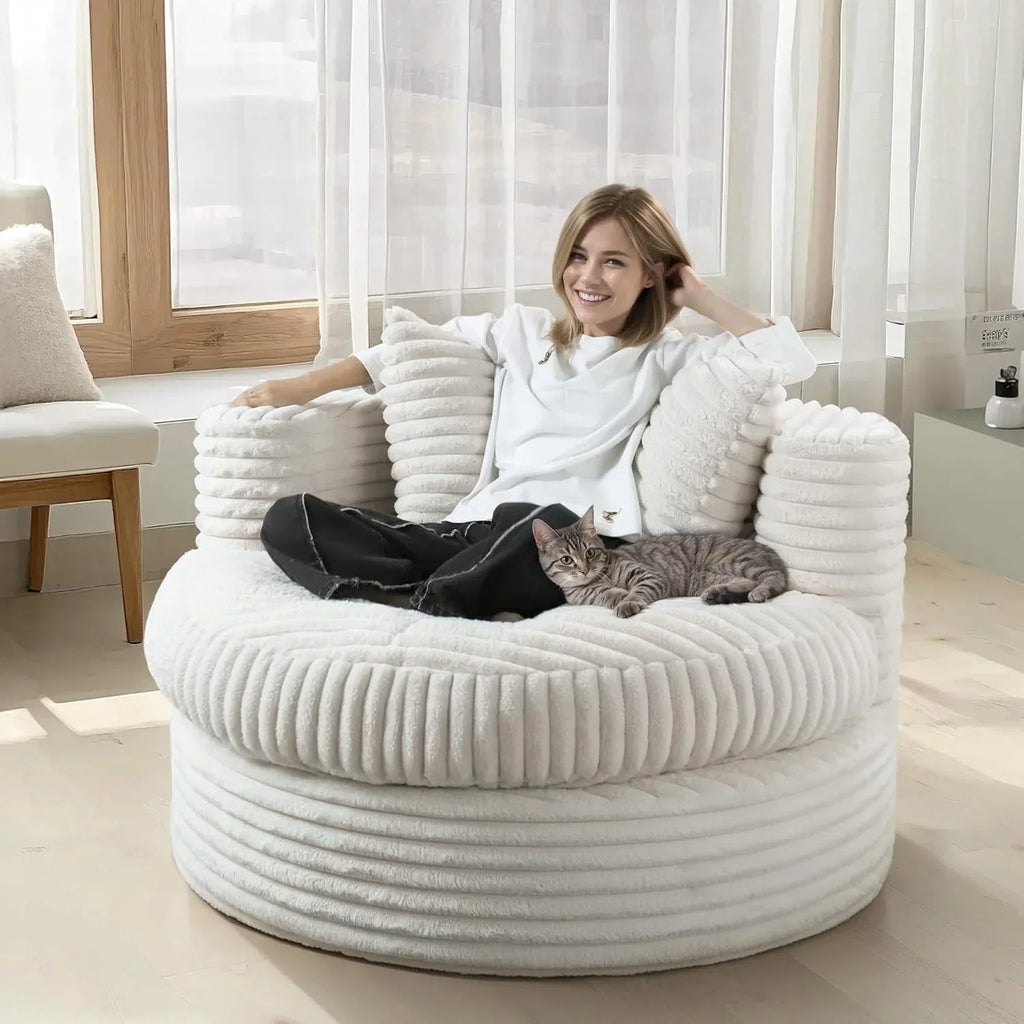 WOWMAX 47 Pollici Rotondo Divano Chaise Lounge da Interno, Divano da Pavimento Oversize Imbottito in Velluto a Coste con 2 Cuscini Decorativi