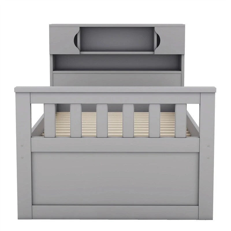 Letto a piattaforma Twin/Full Size Captain con 4 cassetti e mensole portaoggetti, struttura letto in legno massello con testiera libreria contenitore