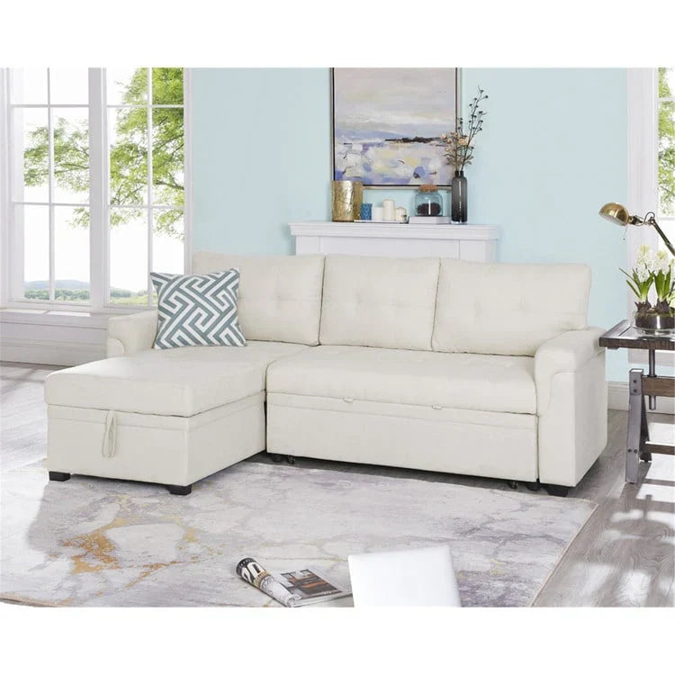 Divano componibile convertibile reversibile con letto estraibile, chaise longue con contenitore nascosto e gambe durevoli