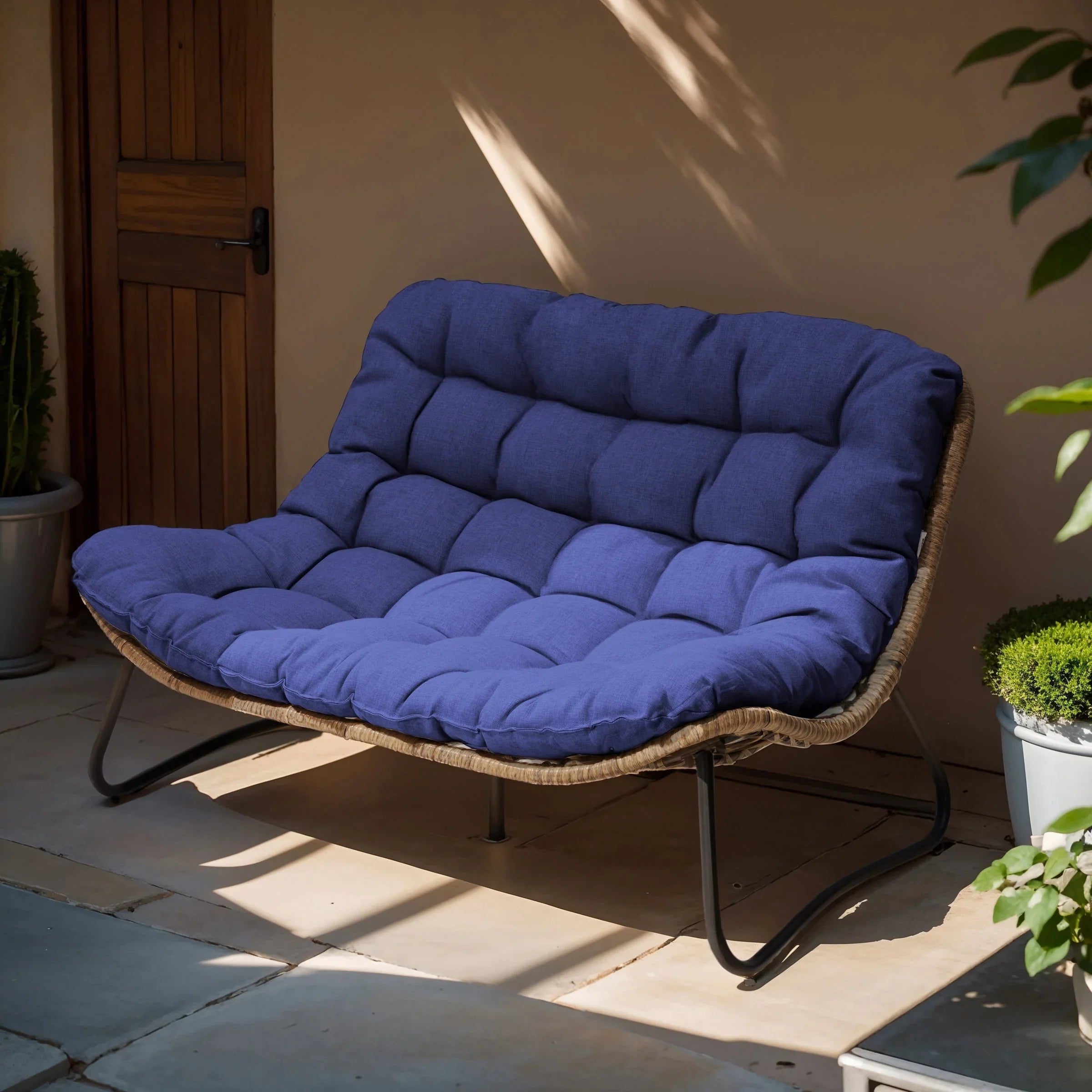 Divanetto due posti Double Papasan con cuscino, in rattan PE per tutte le stagioni e struttura in metallo per interni ed esterni