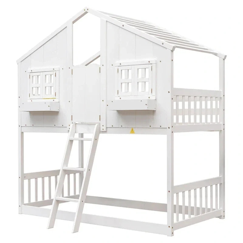 Letto a castello a casetta singolo su singolo con tetto, finestra, fioriera, porta, con sponde di sicurezza e scaletta, Grigio