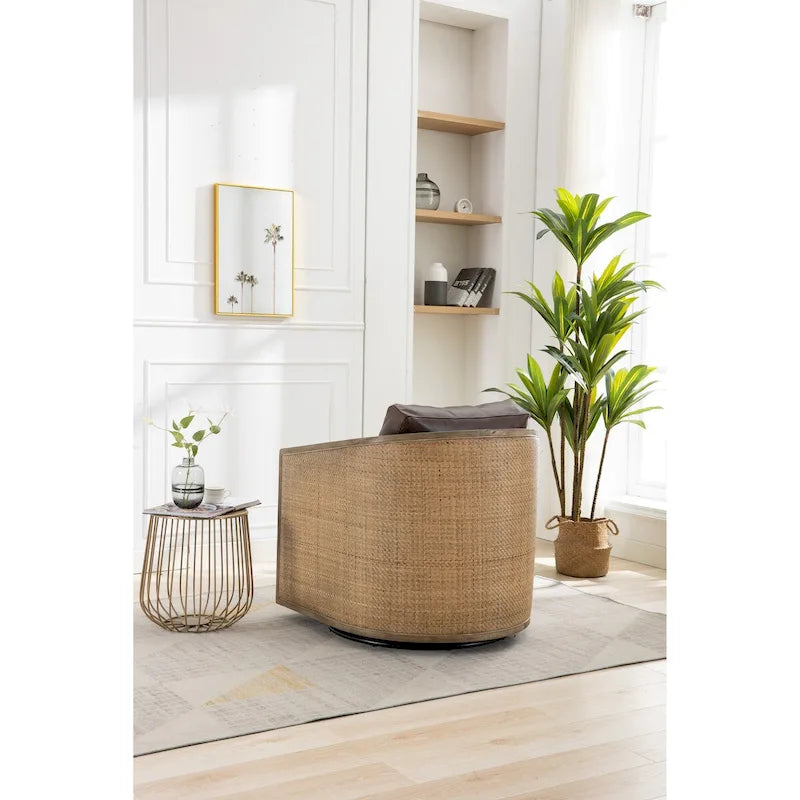 Poltrona a botte girevole, comoda poltrona rotonda d'accento, poltrona club a botte girevole a 360 gradi, poltrona relax con struttura in rattan intrecciato
