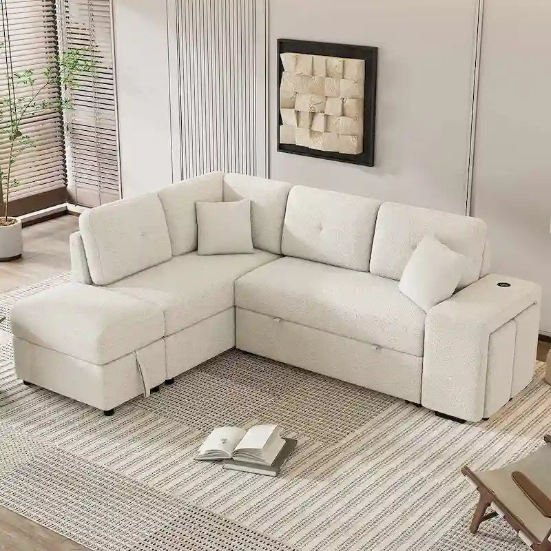 Divano componibile con letto estraibile e pouf contenitore, divano letto convertibile per soggiorno