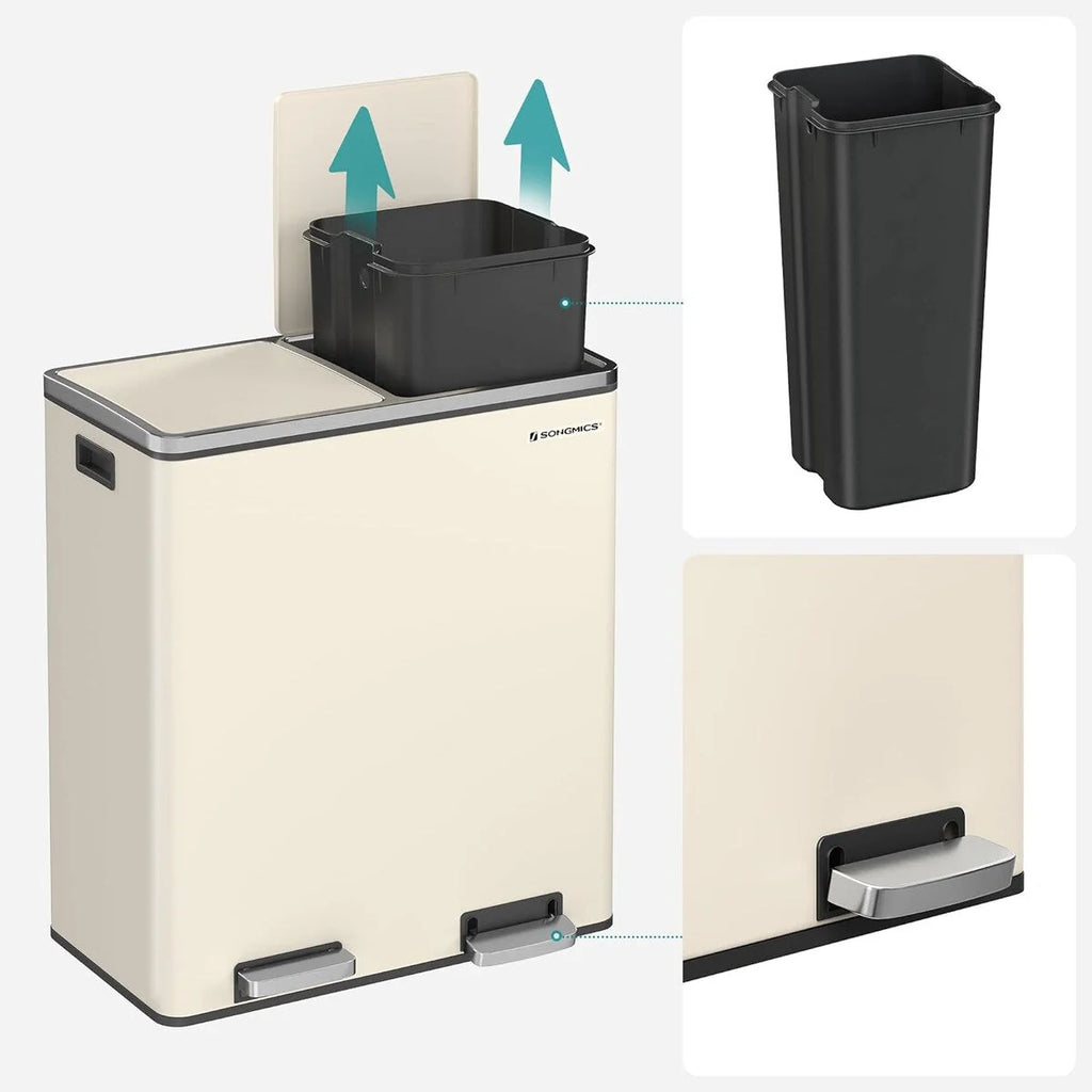 SONGMICS Pattumiera Doppia, 60L (16 Gallon) Contenitore per la Spazzatura in Acciaio Inossidabile, Mandorla