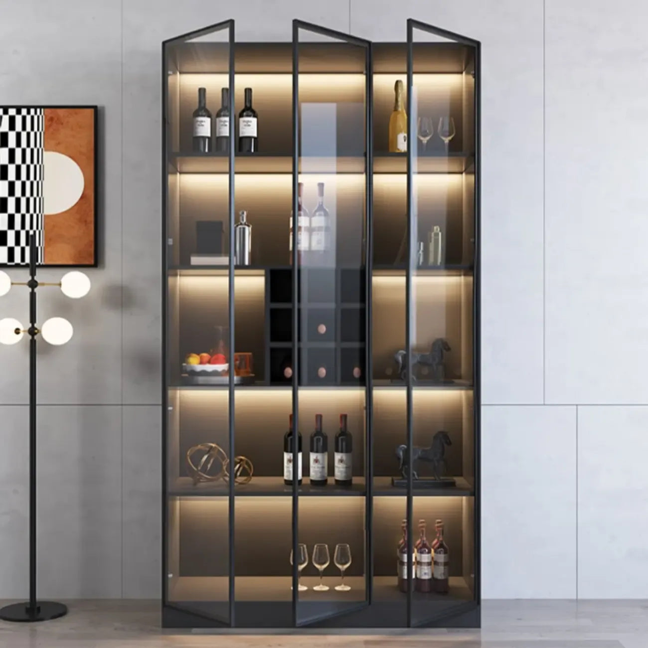 Mobile portabottiglie minimalista in legno nero con anta in vetro