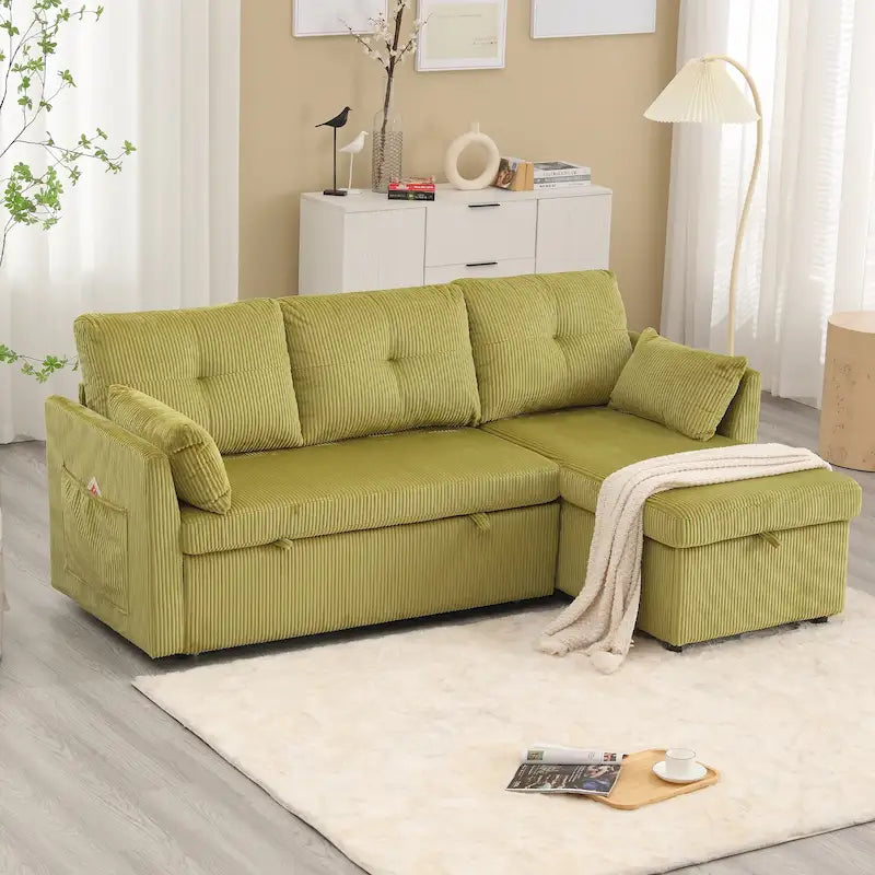 Divano Sezionale a L con Chaise Reversibile, Rivestimento in Velluto a Coste/Ciniglia, con Bracciolo Portaoggetti e Tasca Laterale