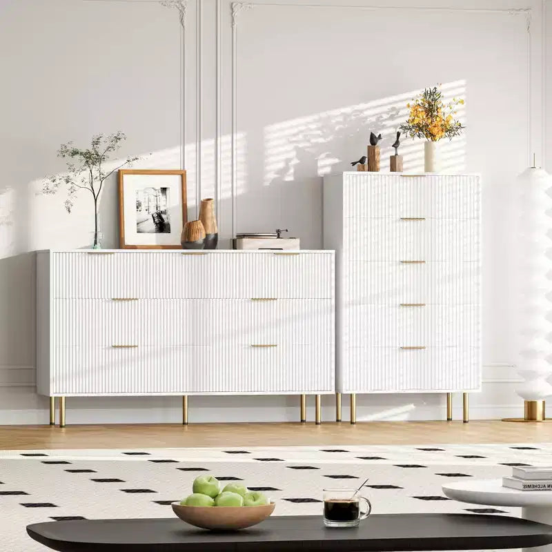 Commode 5 tiroirs Blanc / Marbre et Bois – Panneau cannelé, pour 1 personne