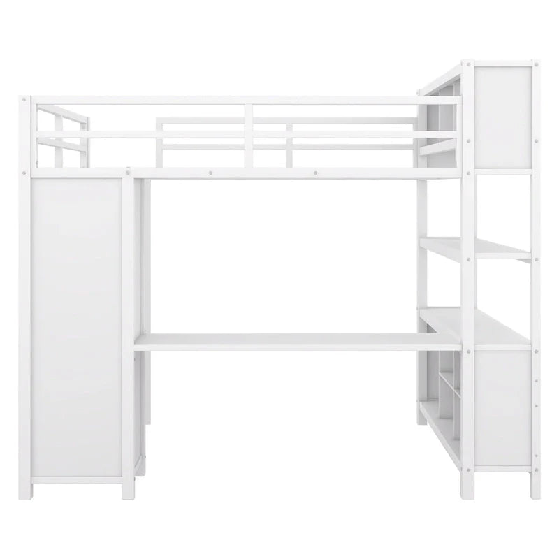 Letto a soppalco in metallo Off-White con scrivania e armadio - Matrimoniale