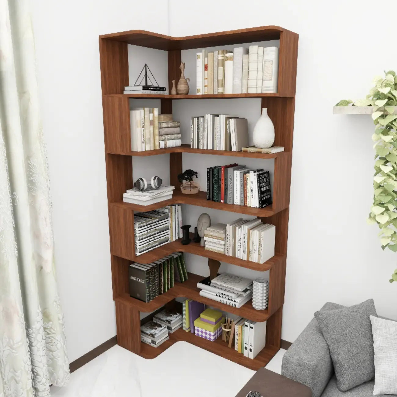 Libreria ad angolo in legno multistrato con 6 ripiani