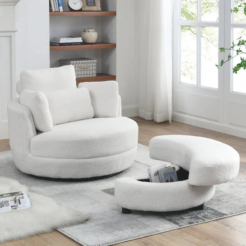 Poltrona a botte girevole di grandi dimensioni con pouf contenitore a forma di luna