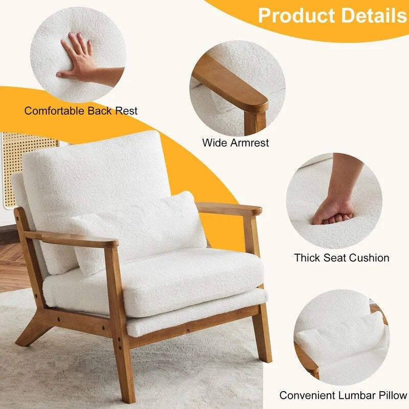 Poltrona d'accento rivestita in misto lino con gambe in legno e un cuscino, beige