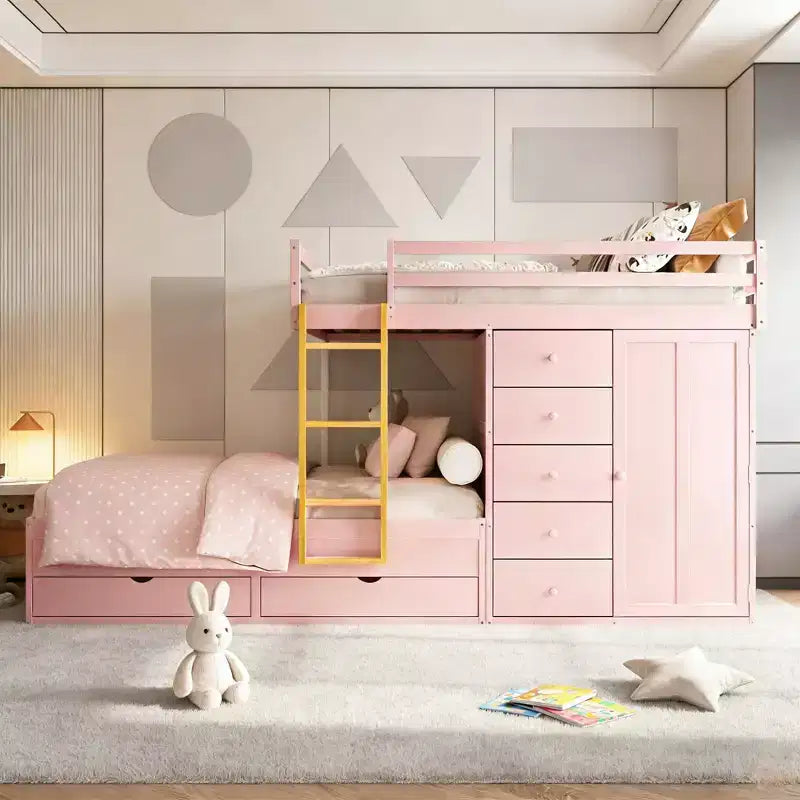 Letto a castello moderno piazza e mezza su piazza e mezza con armadio integrato e 7 cassetti contenitore