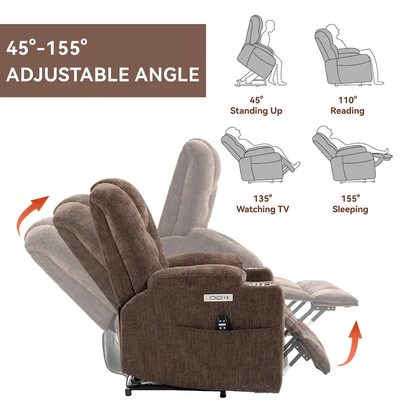 Poltrona Reclinabile Power Lift con Massaggio e Calore, Poltrone Reclinabili Larghe Imbottite Lazy Boy con USB, Porte Type C e 2 Portabicchieri in Acciaio