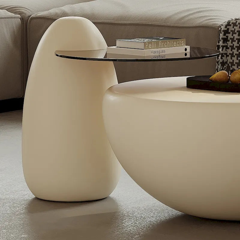 Tavolino da salotto NIDO moderno rotondo da 42 pollici, colore bianco crema, 2 pezzi - 62