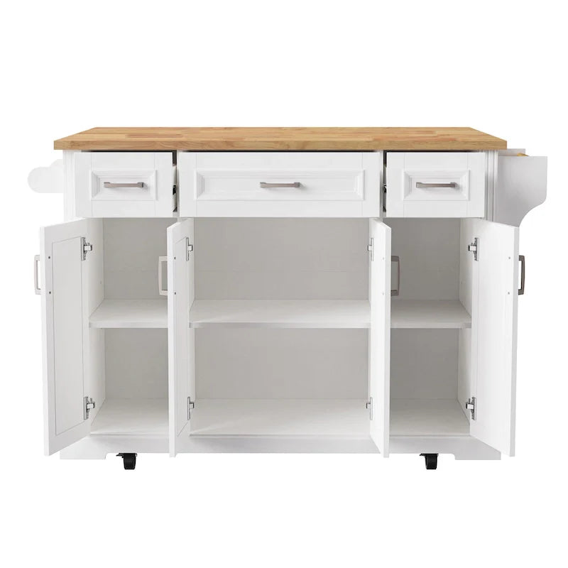 Grande isola da cucina con ribalta in legno, carrello da cucina arrotolabile con texture in rilievo, ante e cassetti con contenitore per cucina, bianco