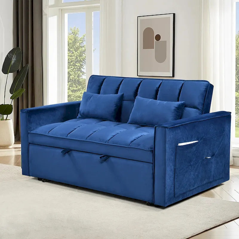 Divanetto Futon Moderno in Velluto con Schienale Reclinabile e Tasche, 2 Posti – Grigio Scuro / Grigio Chiaro / Blu / Nero