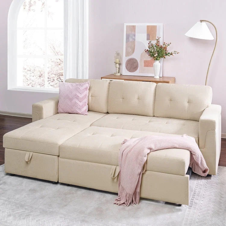 Divano sezionale reversibile con letto estraibile, chaise longue con contenitore nascosto, gambe durevoli,