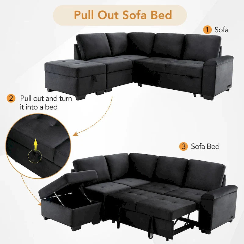 Divano sezionale a L a 5 posti con funzione letto, con pouf contenitore, vano contenitore nel bracciolo e ricarica USB per soggiorno, 84,75 pollici