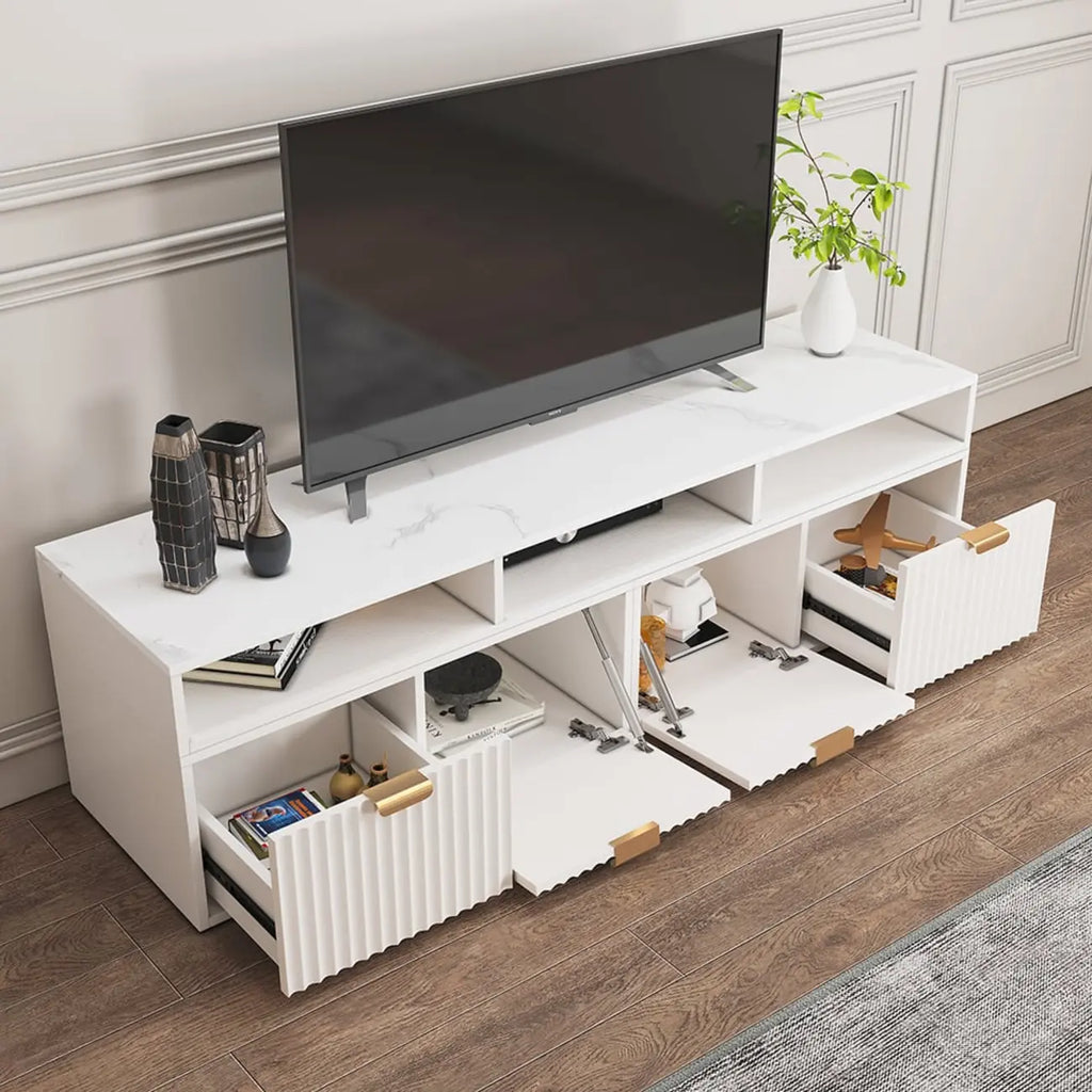 Mobile TV angolare con 2 cassetti e vani a giorno, bianco moderno