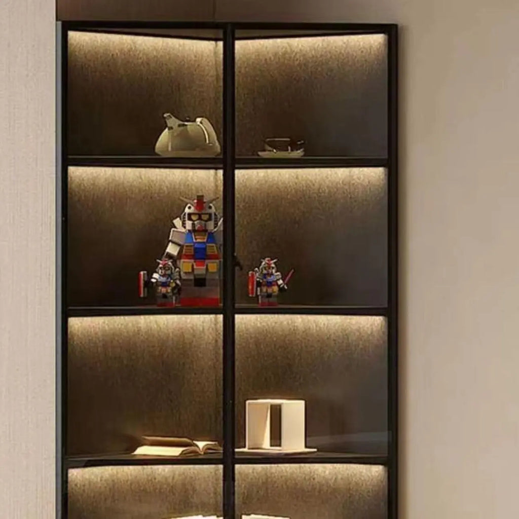 Vetrina ad angolo moderna in metallo grigio e legno con anta in vetro