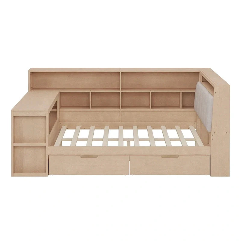 Divano Letto a "L" in Legno con Scrivania, Mobile Libreria, Letto Angolare con Cassetti Sottostanti, Testiera Imbottita con Luce Integrata