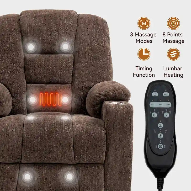 Poltrona Reclinabile Power Lift con Massaggio e Calore, Poltrone Reclinabili Larghe Imbottite Lazy Boy con USB, Porte Type C e 2 Portabicchieri in Acciaio