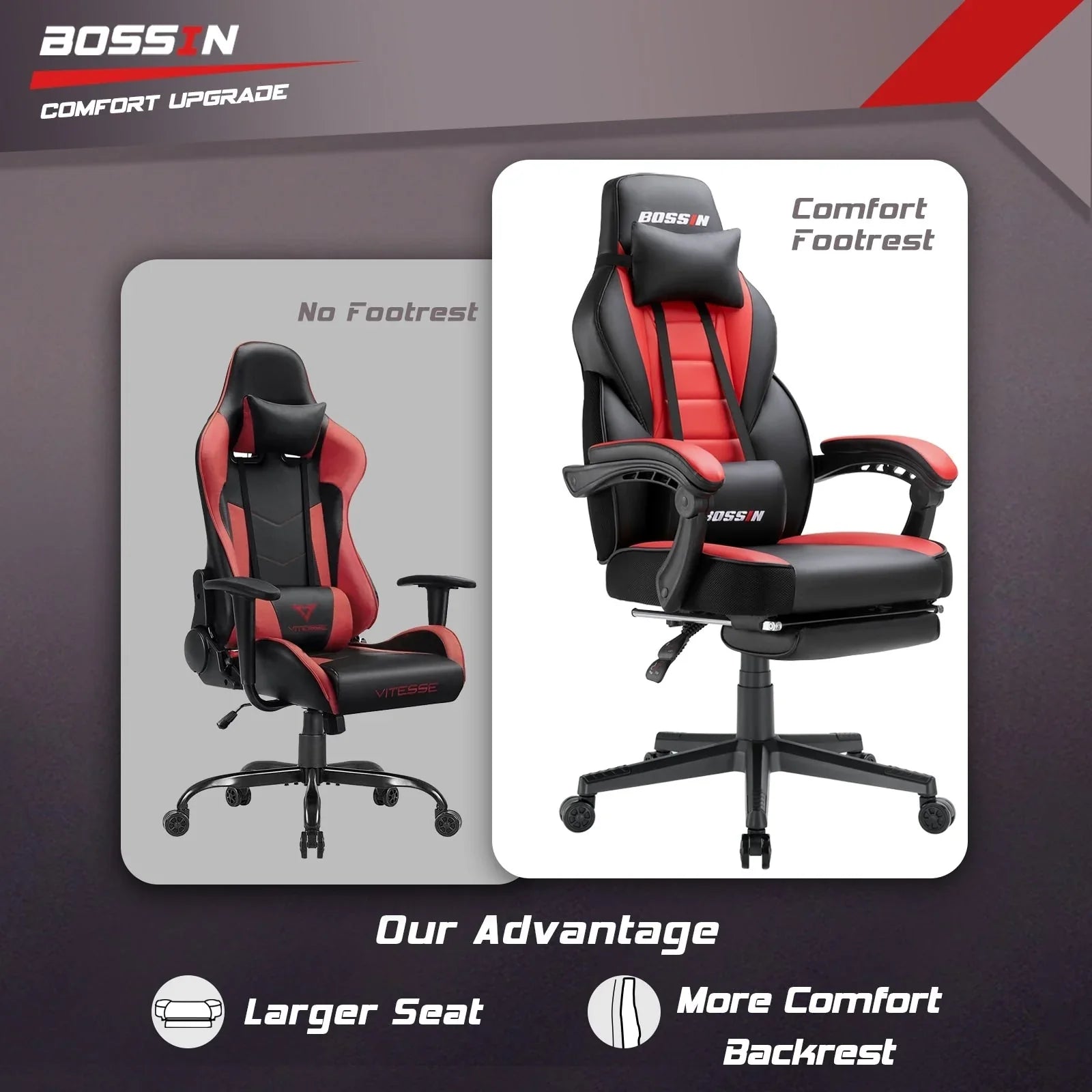 Sedia da gaming BOSSIN Racing Style, sedia da gamer per persone robuste fino a 136 kg, sedia da computer con schienale alto