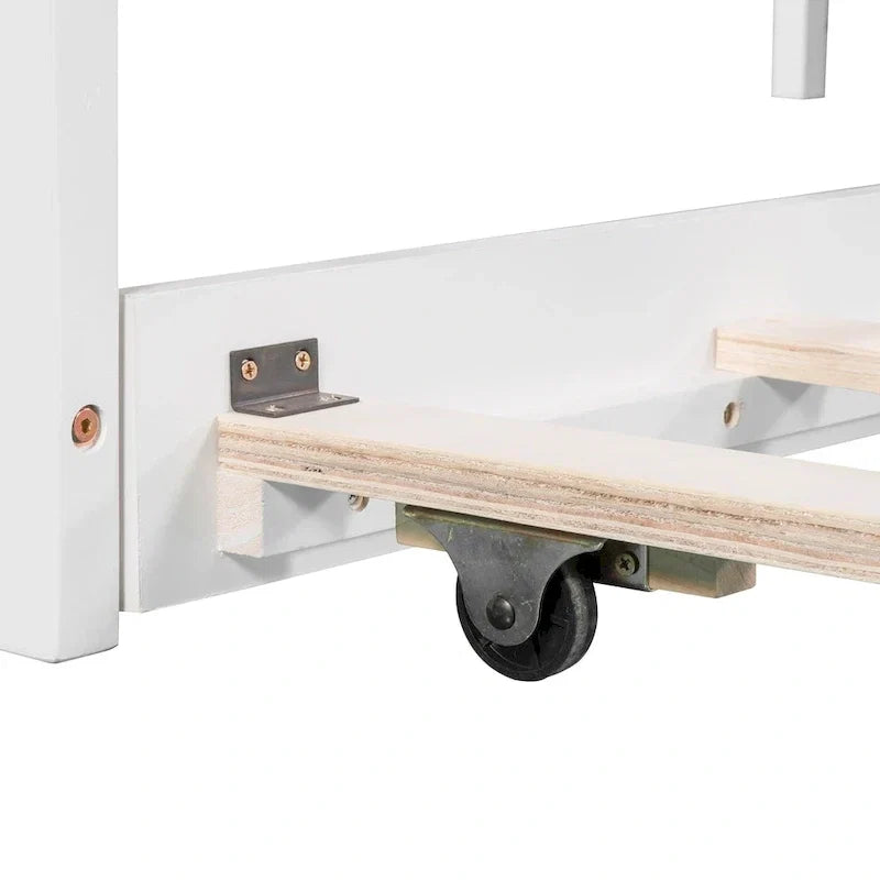 Letto a piattaforma a L moderno bianco per cameretta, dimensioni singole, con letto estraibile e cassetti