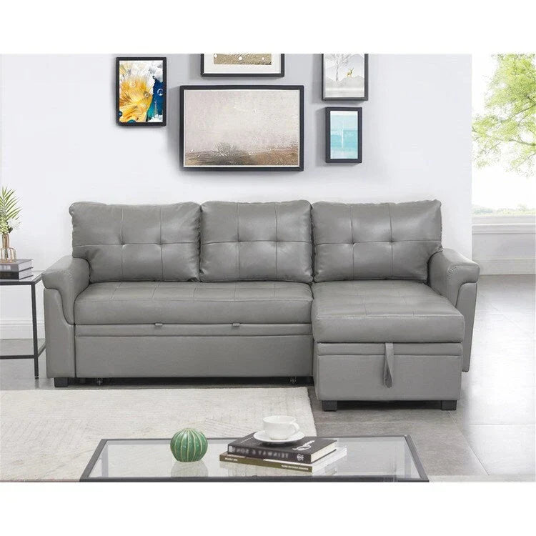 Divano componibile convertibile reversibile con letto estraibile, chaise longue con contenitore nascosto e gambe durevoli