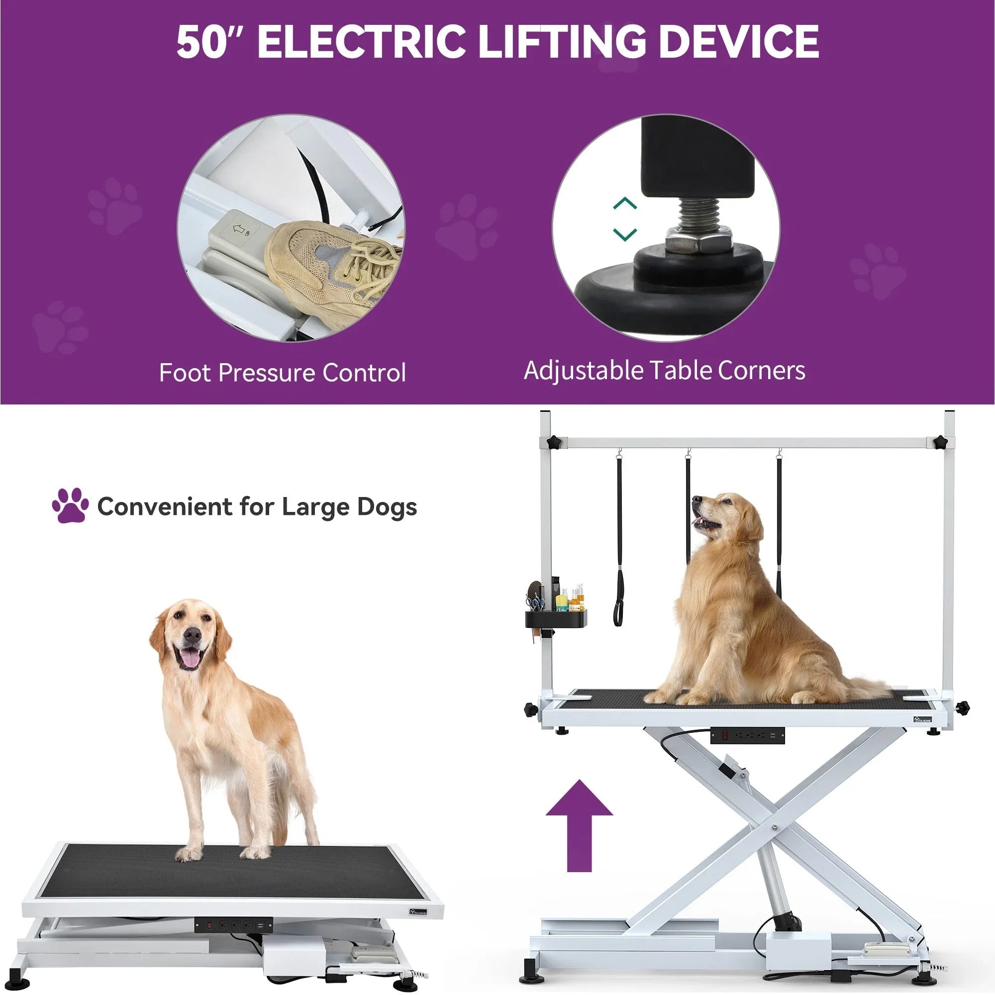 Tavolo professionale elettrico per toelettatura cani di grossa taglia, tavolino per toelettatura per animali domestici resistente con braccio per toelettatura in alluminio - 127 cm (50'') di larghezza