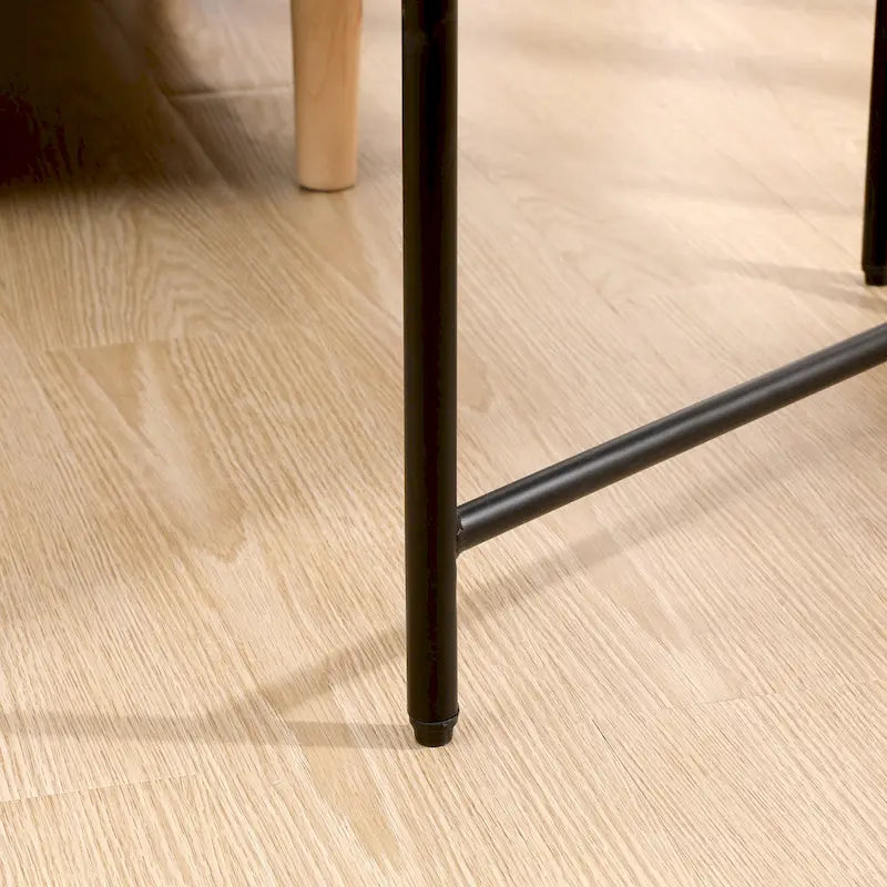 Tavolino da divano nero a 2 ripiani con portaoggetti per soggiorno, con struttura in metallo e piano in legno