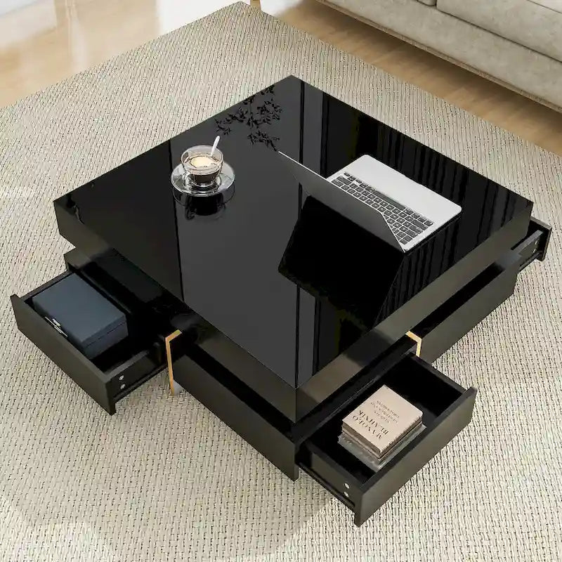 Modern High Gloss Coffee Table With 4-drawers - 31.50 x 31.50 x 13.70