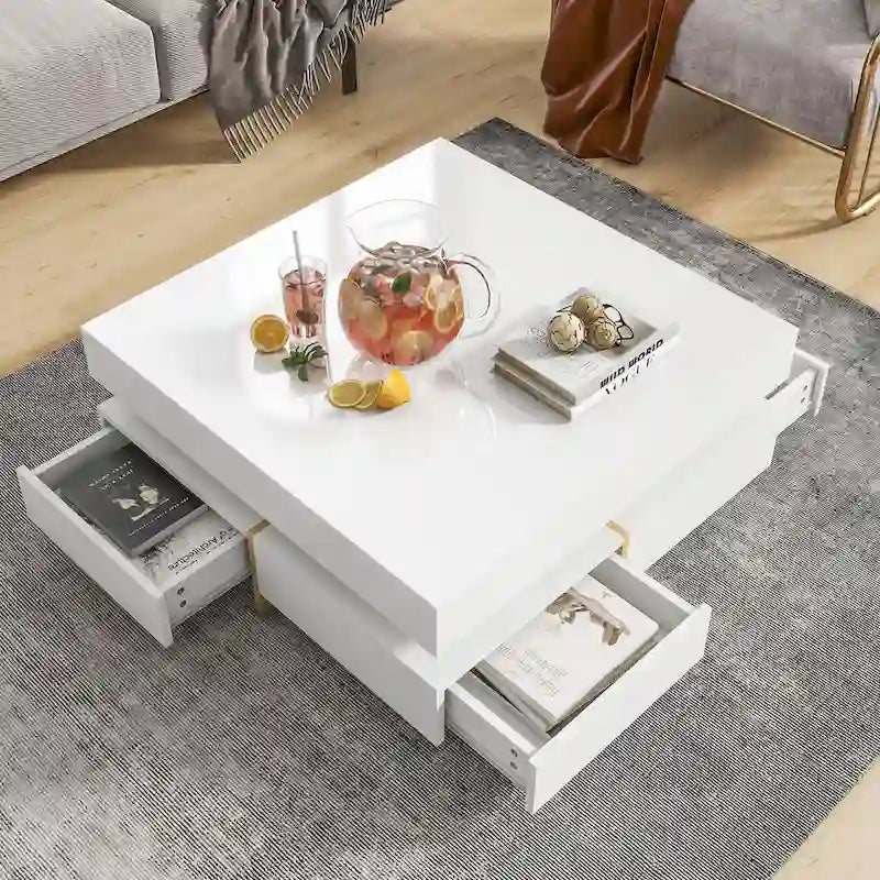 Tavolino Moderno Lucido Con 4 Cassetti - 80 x 80 x 35
