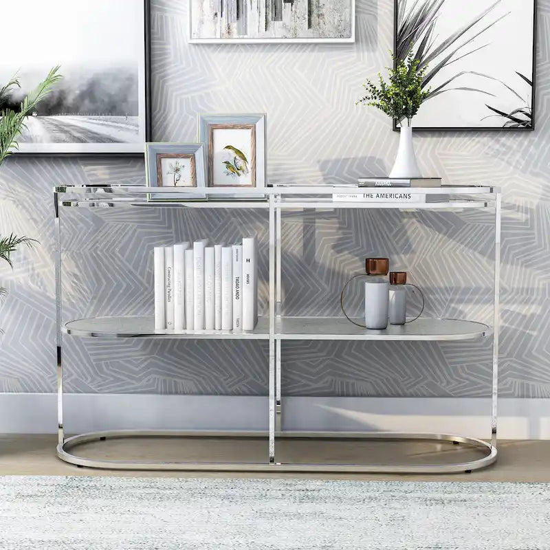 Tavolino da divano Taylaa Glam Chrome da 48 pollici con ripiano in vetro e 1 mensola di Furniture of America