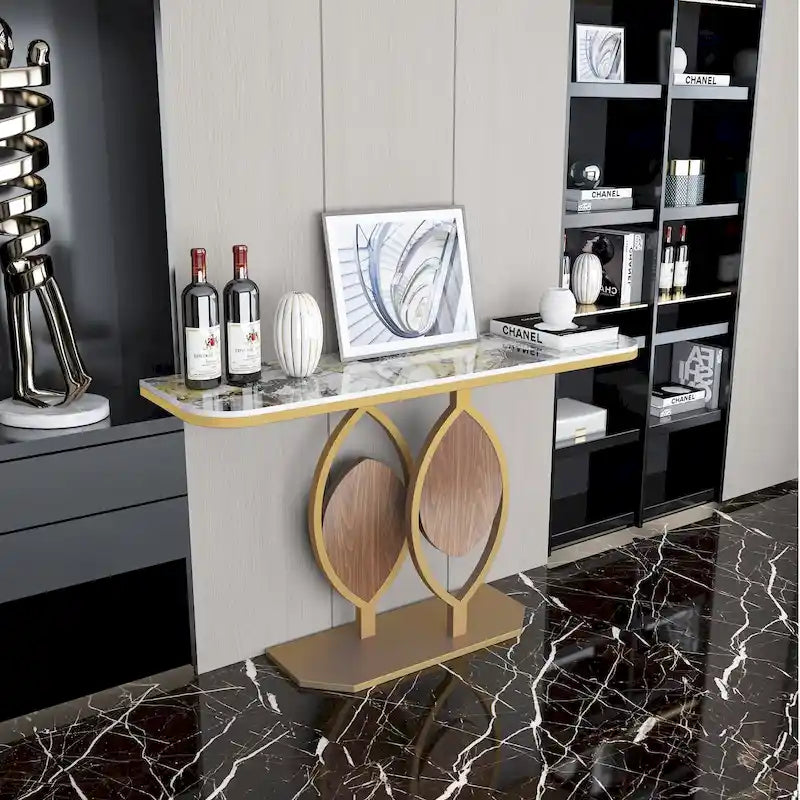 Consolle moderna con ripiano in marmo e base oro per ingresso e soggiorno - 122x30x79 cm