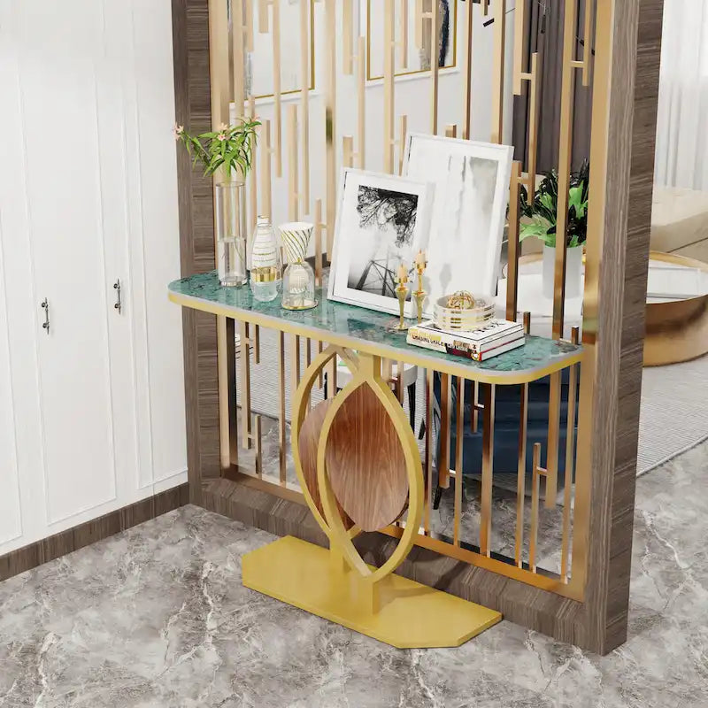 Consolle moderna con ripiano in marmo e base oro per ingresso e soggiorno - 122x30x79 cm